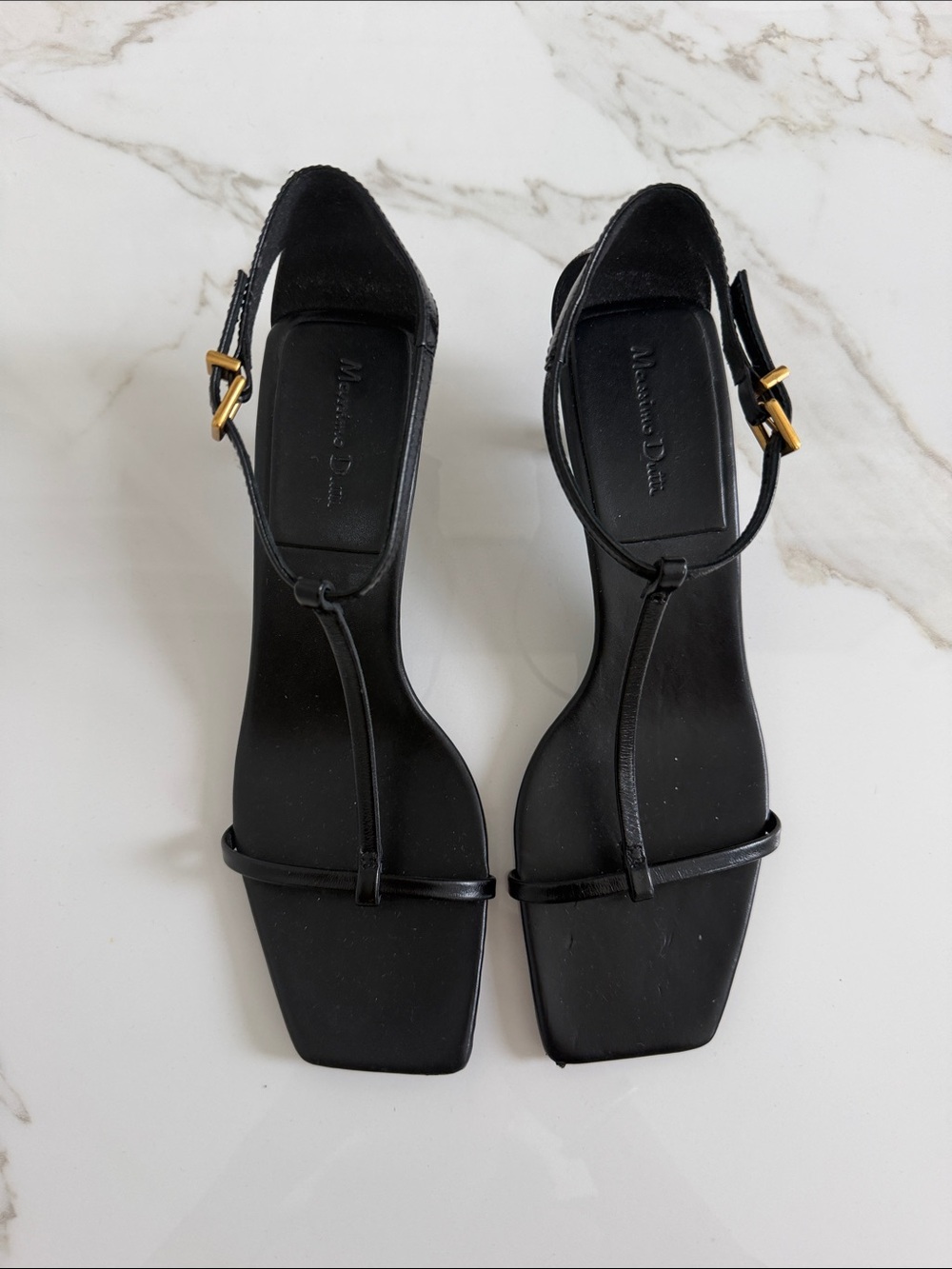 MASSIMO DUTTI Minimal Leather Kitten Heel Tstrap Sandals Black Size 8 or 39